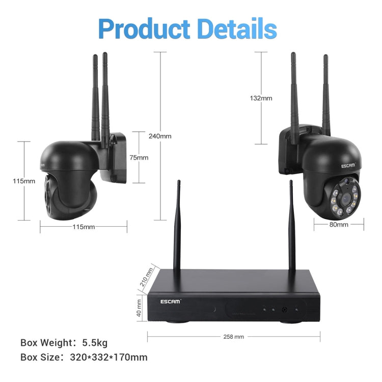 ESCAM WNK618 3.0 Million Pixels 8-channel Wireless Dome Camera HD NVR Security System, Support Motion Detection & Two-way Audio & Full-color Night Vision & TF Card, EU Plug