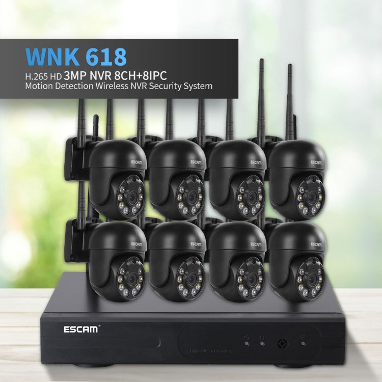 ESCAM WNK618 3.0 Million Pixels 8-channel Wireless Dome Camera HD NVR Security System, Support Motion Detection & Two-way Audio & Full-color Night Vision & TF Card, EU Plug