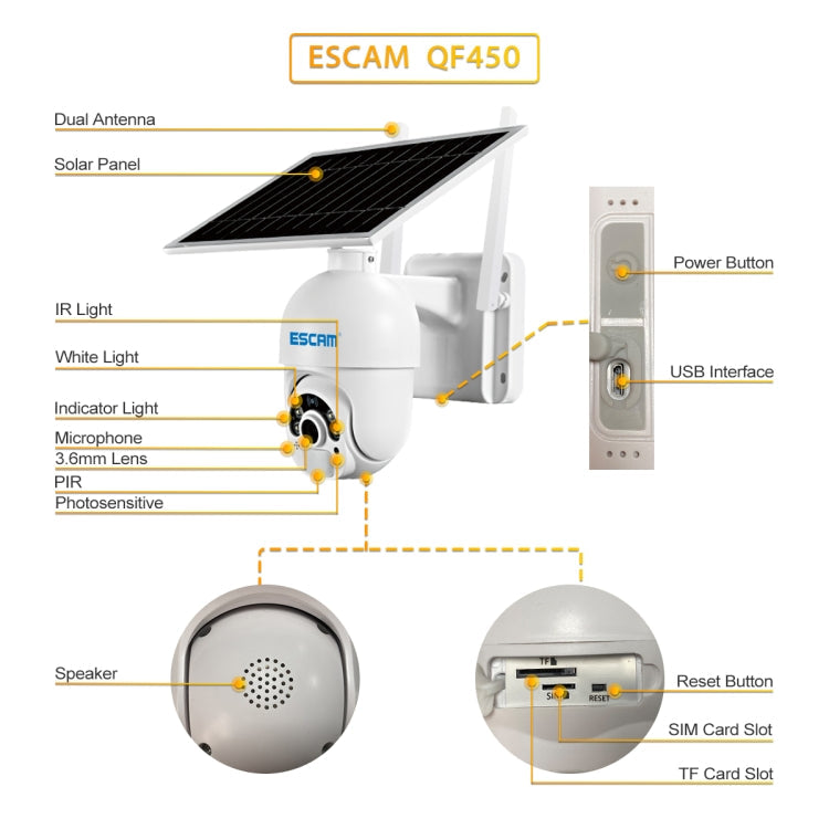 ESCAM QF450 HD 1080P 4G EU Version Solar Powered IP Camera without Memory, Support Two-way Audio & PIR Motion Detection & Night Vision & TF Card