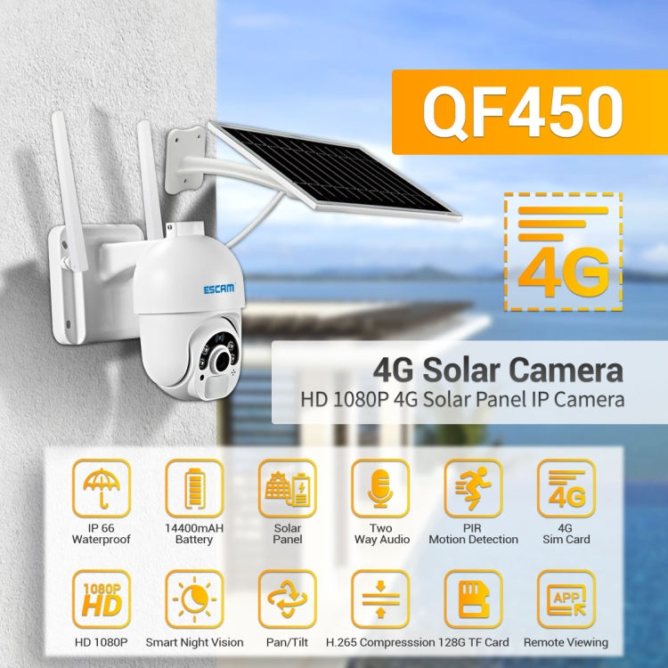 ESCAM QF450 HD 1080P 4G AU Version Solar Powered IP Camera without Memory, Support Two-way Audio & PIR Motion Detection & Night Vision & TF Card