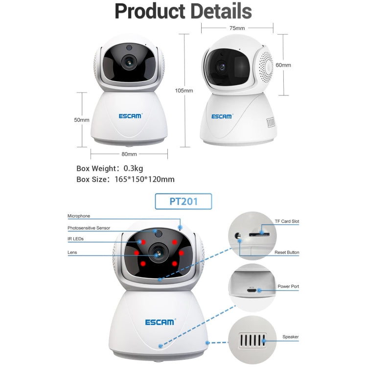 ESCAM PT201 HD 1080P Dual-band WiFi IP Camera, Support Night Vision / Motion Detection / Auto Tracking / TF Card / Two-way Audio, EU Plug Reluova