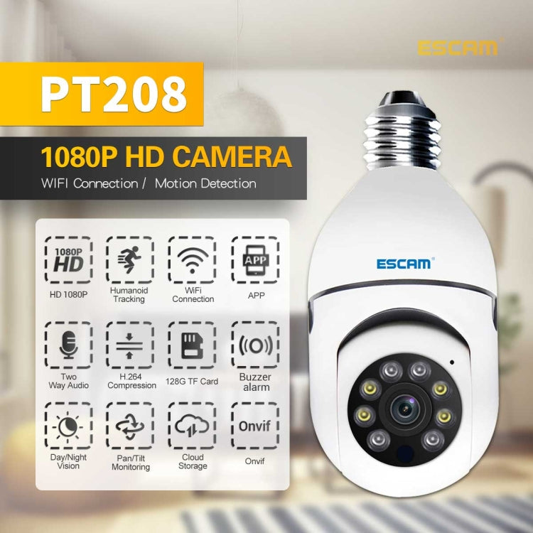 ESCAM PT208 1080P HD Light Bulb WiFi Camera, Support Motion Detection, Two-way Audio, Night Vision, TF Card Reluova