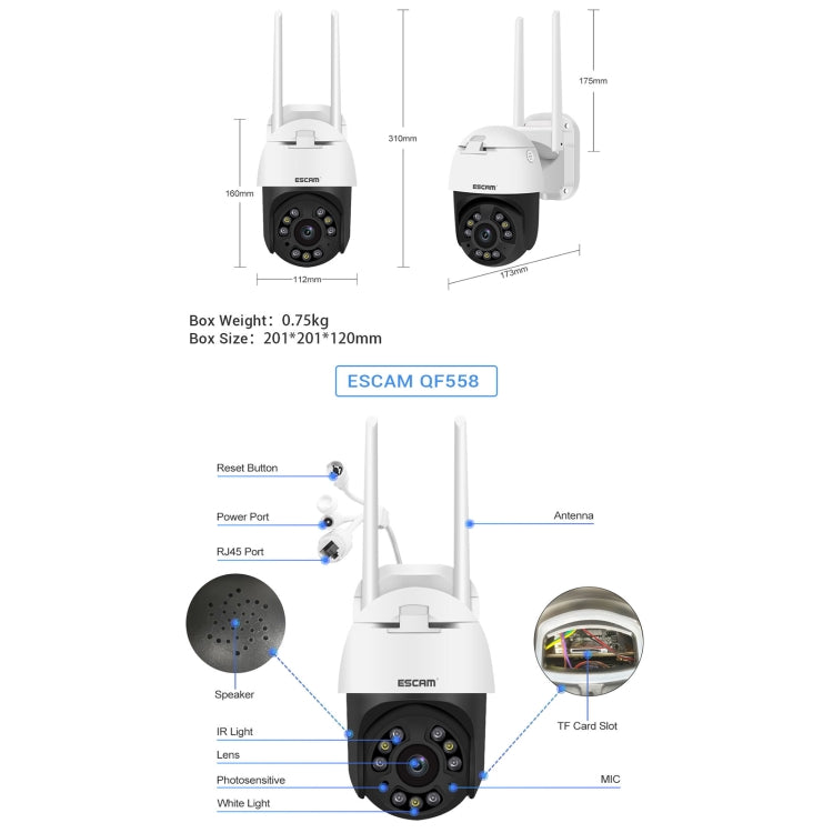 ESCAM QF558 5.0MP HD 5X Zoom Wireless IP Camera, Support Humanoid Detection, Night Vision, Two Way Audio, TF Card, AU Plug