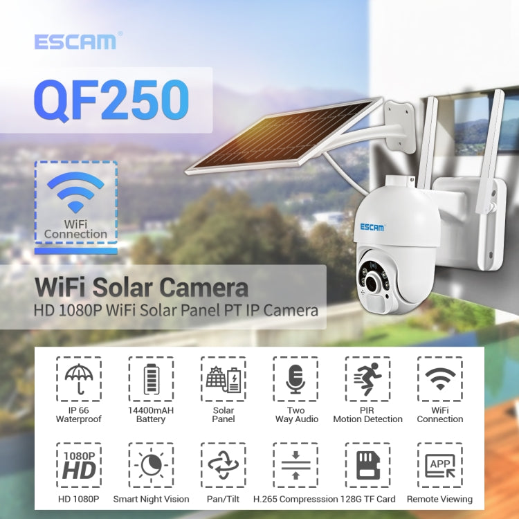 ESCAM QF250 HD 1080P WiFi Solar Panel IP Camera, Support Motion Detection / Night Vision / TF Card / Two-way Audio