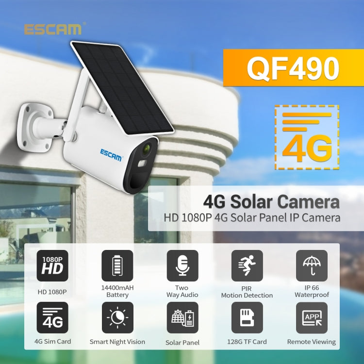 ESCAM QF490 HD 1080P 4G 3.8W Solar Panel IP Camera, EU Version