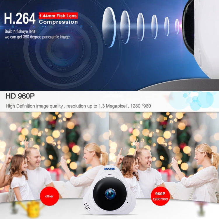 ESCAM Q8 960P 360 Degrees Fisheye Lens 1.3MP WiFi IP Camera, Support Motion Detection / Night Vision, IR Distance: 5-10m, AU Plug Reluova