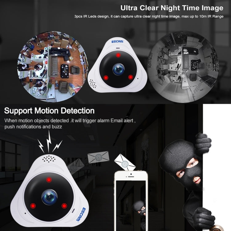 ESCAM Q8 960P 360 Degrees Fisheye Lens 1.3MP WiFi IP Camera, Support Motion Detection / Night Vision, IR Distance: 5-10m, AU Plug Reluova