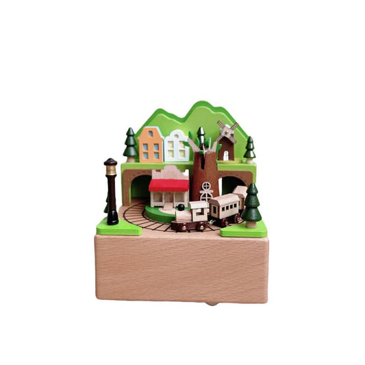 Wooden Music Box Carousel Rotating Train Castle in The Sky Music Box.