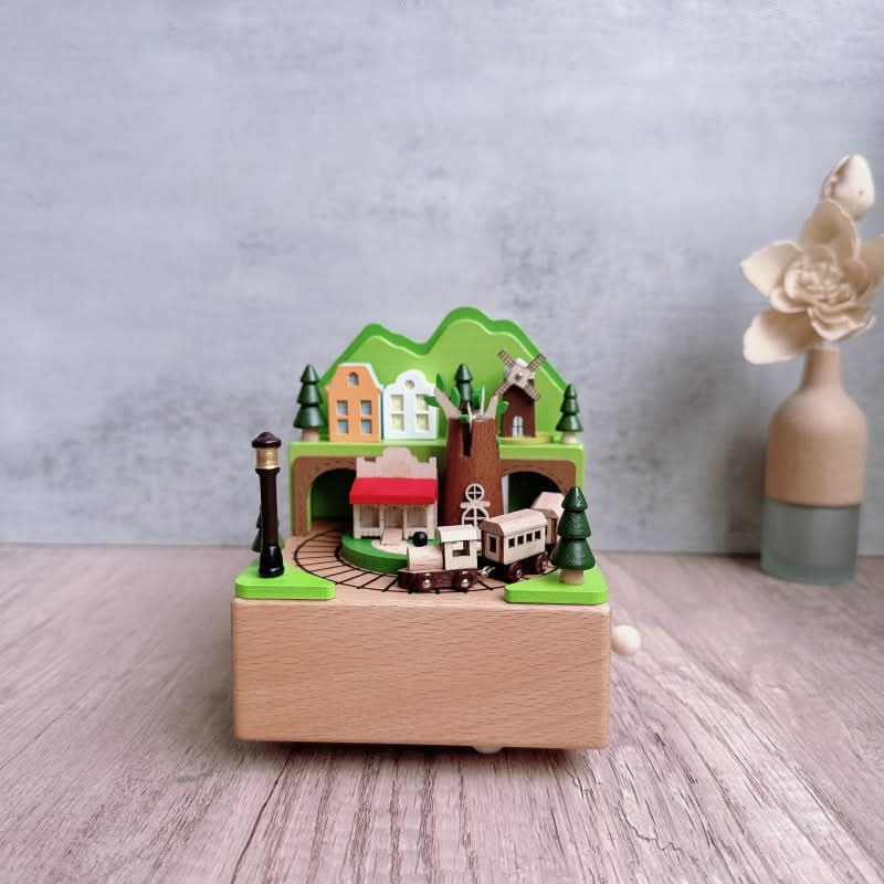 Wooden Music Box Carousel Rotating Train Castle in The Sky Music Box.