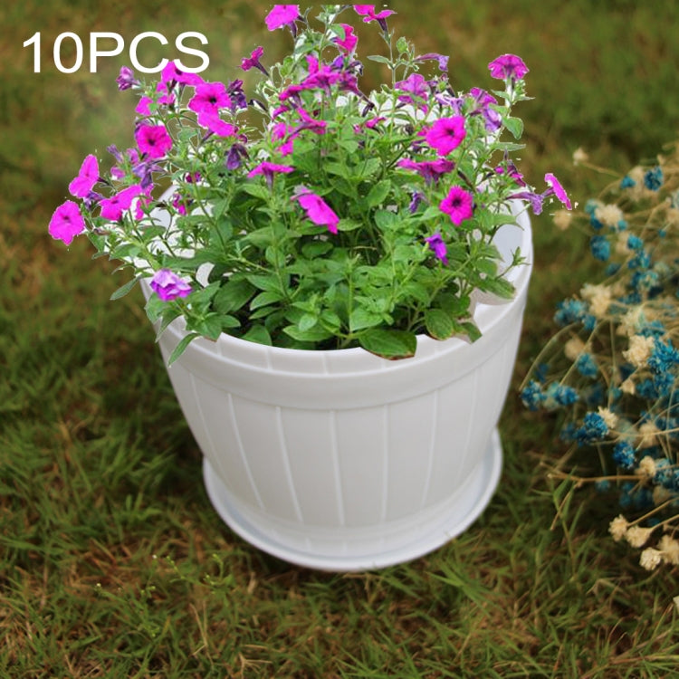 10 PCS Imitation Wooden Barrel Plastic Resin Flower Pot with Tray, Top Diameter: 9cm, Height: 6.5cm