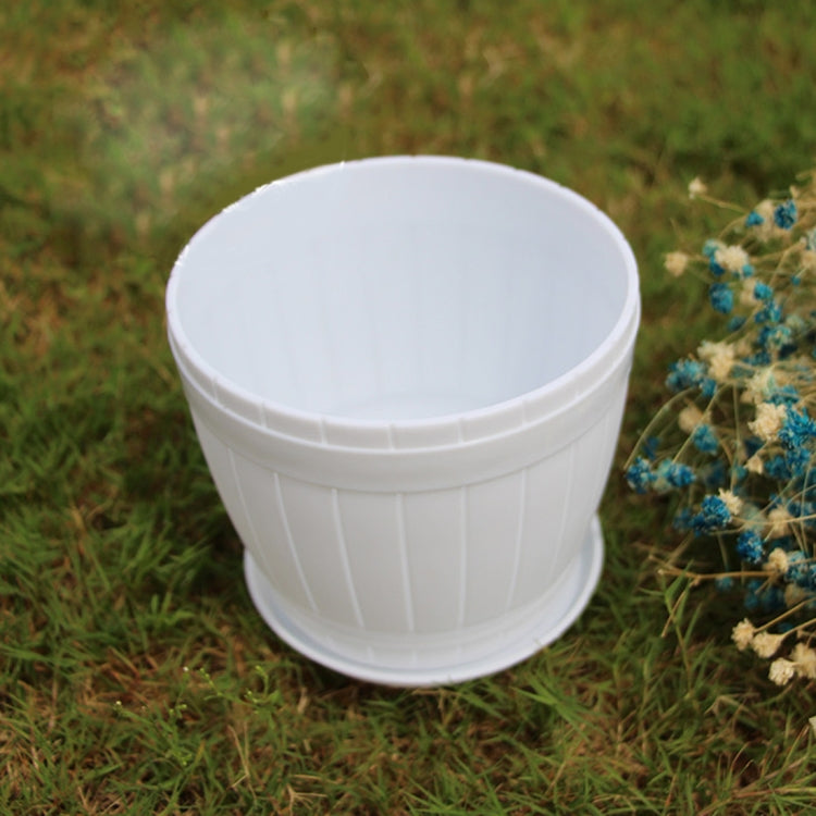 10 PCS Imitation Wooden Barrel Plastic Resin Flower Pot with Tray, Top Diameter: 9cm, Height: 6.5cm