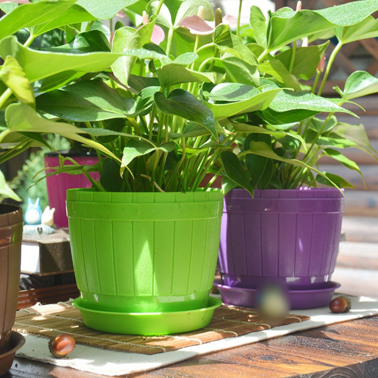 10 PCS Imitation Wooden Barrel Plastic Resin Flower Pot with Tray, Top Diameter: 9cm, Height: 6.5cm