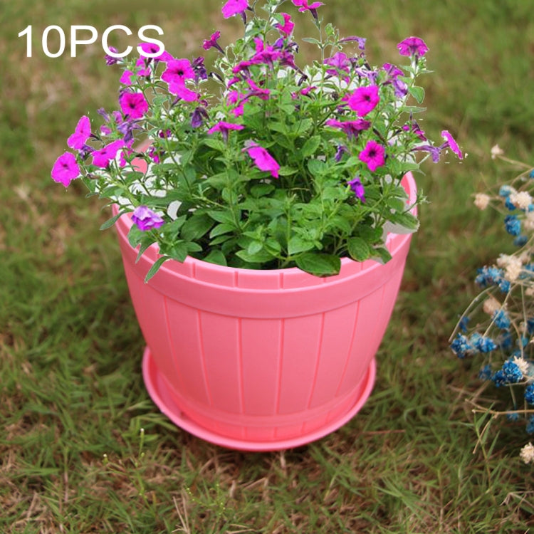 10 PCS Imitation Wooden Barrel Plastic Resin Flower Pot with Tray, Top Diameter: 19cm, Height: 16.5cm