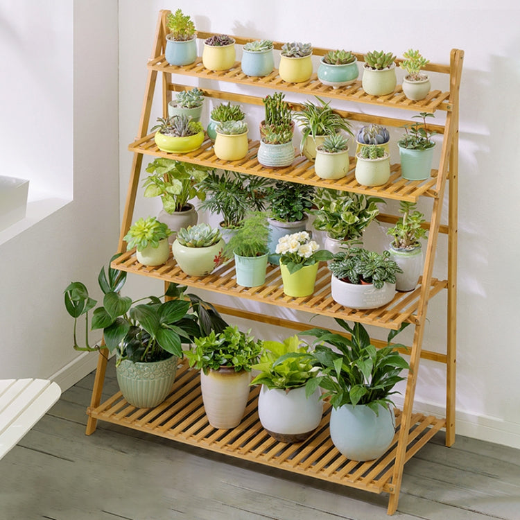 Bamboo 4-Tier Hanging Plant Stand Planter Shelves Flower Pot Storage Rack Folding Display Shelving Plants Shelf, Width: 100cm