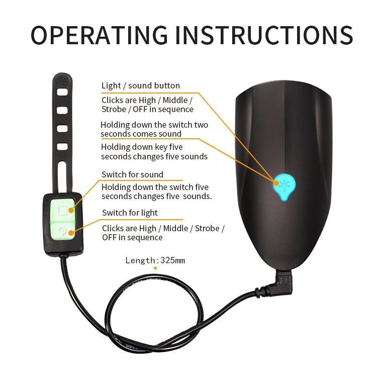 USB Charging Bike LED Riding Light, Charging 6 Hours with Horn & Line Control Reluova