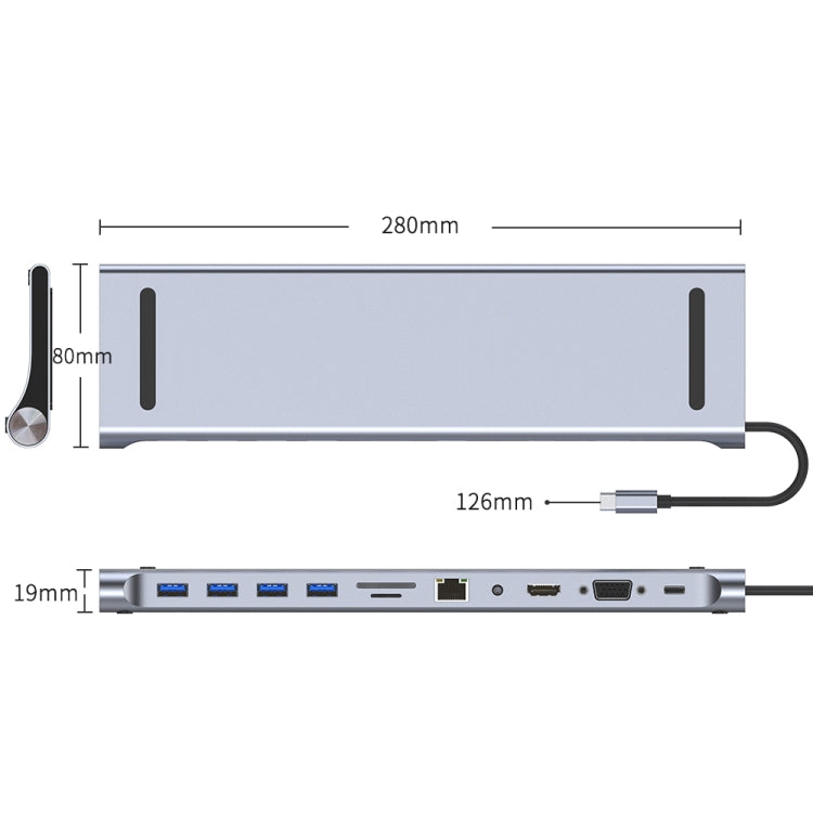 AD-059 11 in 1 USB-C / Type-C to 4K HDMI + VGA + SD / TF Card Slot + Gigabit Ethernet + 3.5mm AUX + USB-C / Type-C + 4 USB 3.0 Multifunctional Docking Station HUB