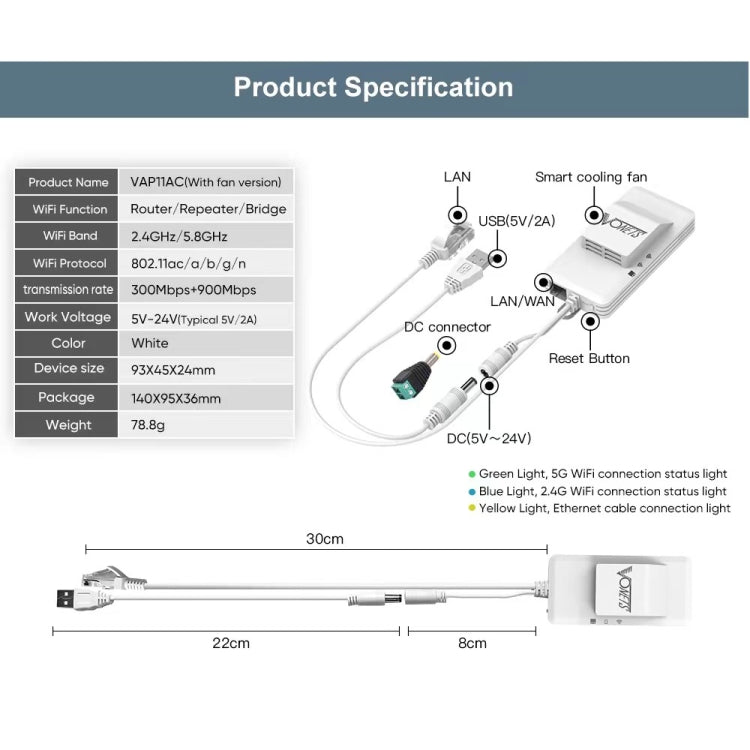 VONETS VAP11AC 5G / 2.4G Mini Wireless Bridge with Fan Version 300Mbps + 900Mbps WiFi Repeater, Support Video Surveillance & Control