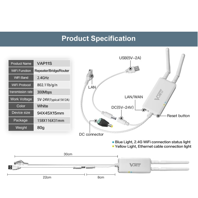 VONETS VAP11S 2.4G Mini Wireless Bridge 300Mbps WiFi Repeater with 2 Antennas