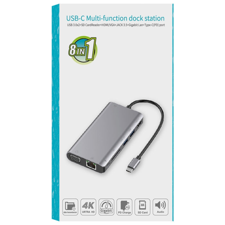 Onten 9591BD 8 in 1 USB-C / Type-C to PD USB-C / Type-C Charging + Gigabit Ethernet + Dual USB 3.0 + HDMI + VGA + SD Card Slot + 3.5mm AUX HUB