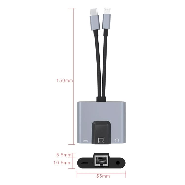 NK-1056Pro 3 in 1 8 Pin + USB-C / Type-C Male to 8 Pin Charging + Ethernet + 3.5mm Earphone Female Adapter