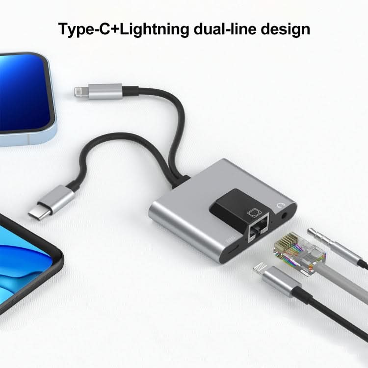 NK-1056Pro 3 in 1 8 Pin + USB-C / Type-C Male to 8 Pin Charging + Ethernet + 3.5mm Earphone Female Adapter