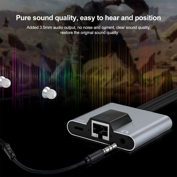 NK-1056Pro 3 in 1 8 Pin + USB-C / Type-C Male to 8 Pin Charging + Ethernet + 3.5mm Earphone Female Adapter