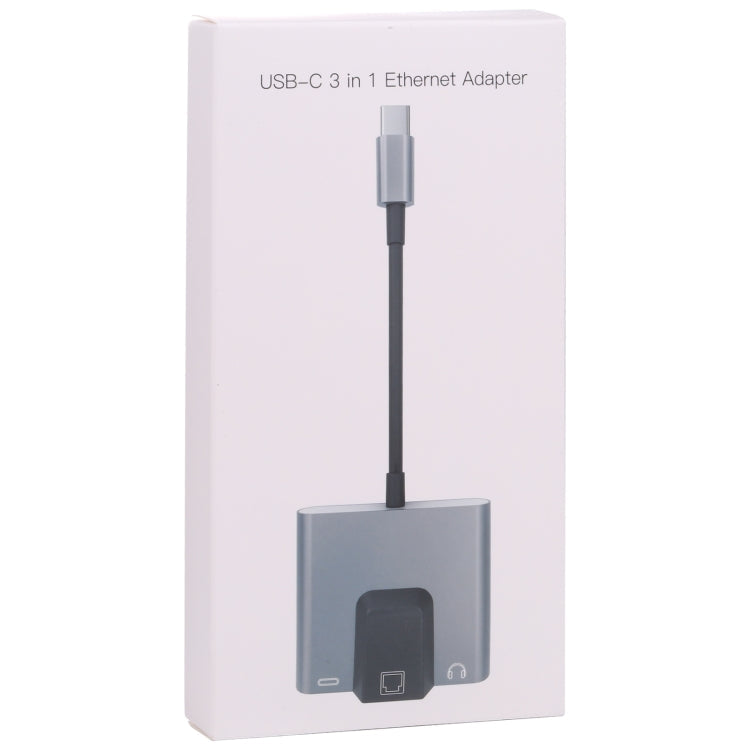 NK-1056TC 3 in 1 USB-C / Type-C Male to USB-C / Type-C Charging + Ethernet + 3.5mm Earphone Female Adapter