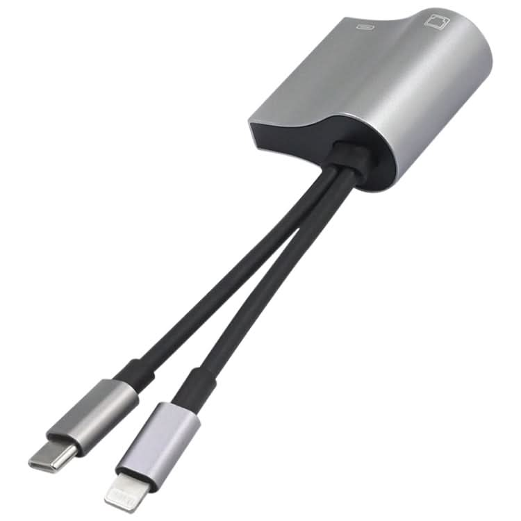 NK-1054Pro 2 in 1 8 Pin + USB-C / Type-C Male to 8 Pin Charging + Ethernet Female Adapter