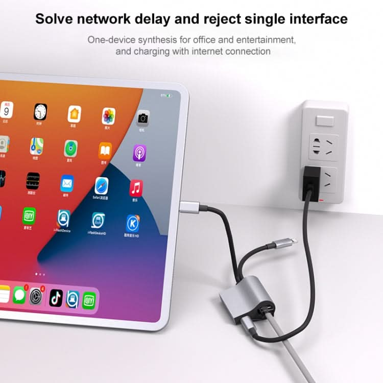 NK-1054Pro 2 in 1 8 Pin + USB-C / Type-C Male to 8 Pin Charging + Ethernet Female Adapter