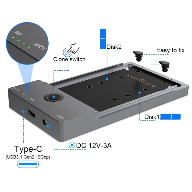 Rocketek ME921 USB3.1 Gen2 Dual M.2 Solid State Drive Box NVMe Docking Station, US Plug