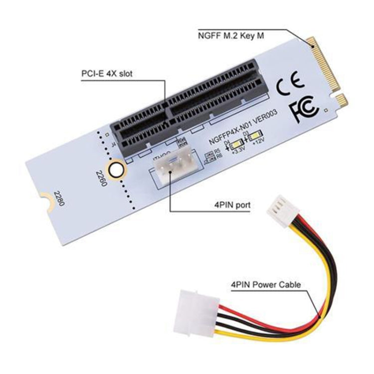 NGFF M.2 Key M to PCI-E 1X / 4X / 8X / 16X Graphics Card Mining Slot Adapter Riser Converter Card with LED & 4 Pin Power Cable