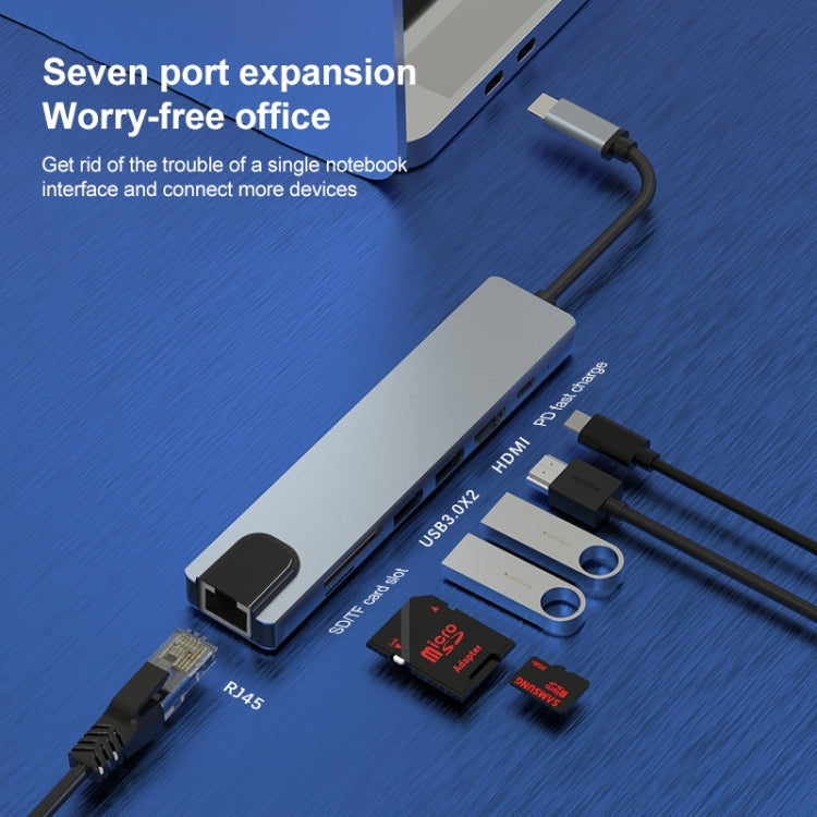 7 in 1 RJ45 + SD/TF + USB 3.0 x 2 + HDMI + PD to USB-C / Type-C HUB Adapter My Store