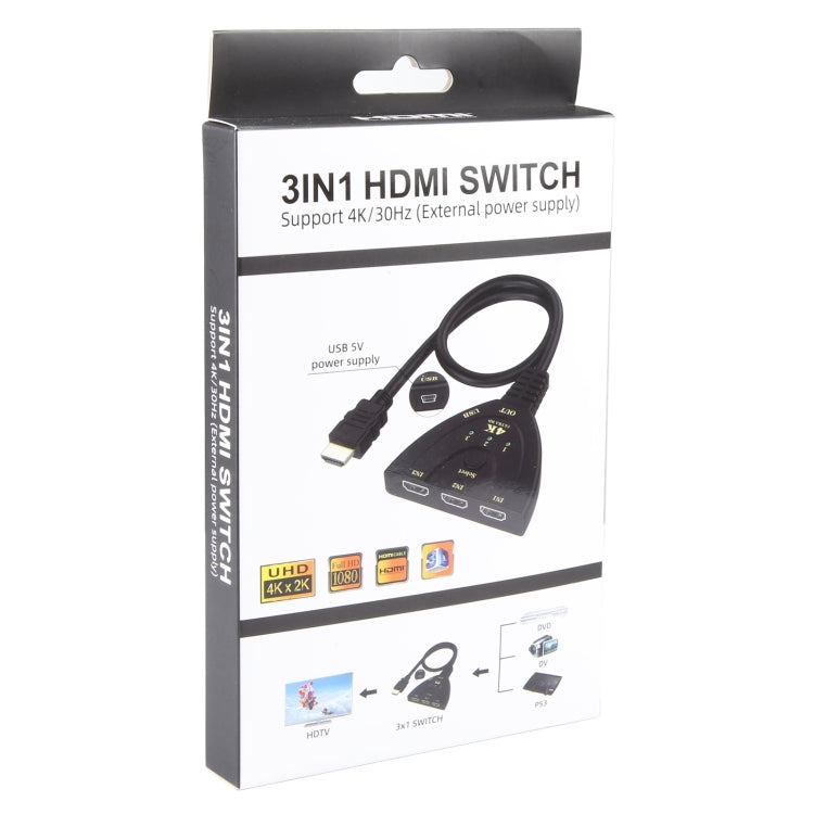 3 x 1 4K 30Hz HDMI Switcher with Pigtail HDMI Cable, Support External Power Supply