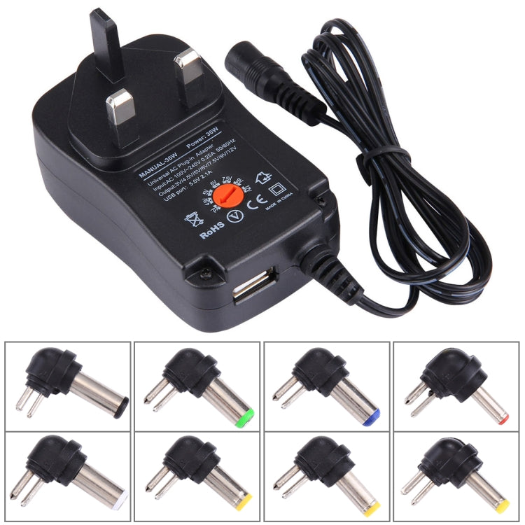 UK Plug Universal 30W Power Wall Plug-in Adapter with 5V 2.1A USB Port, Tips: 8 PCS, Cable Length: About 1.2m My Store