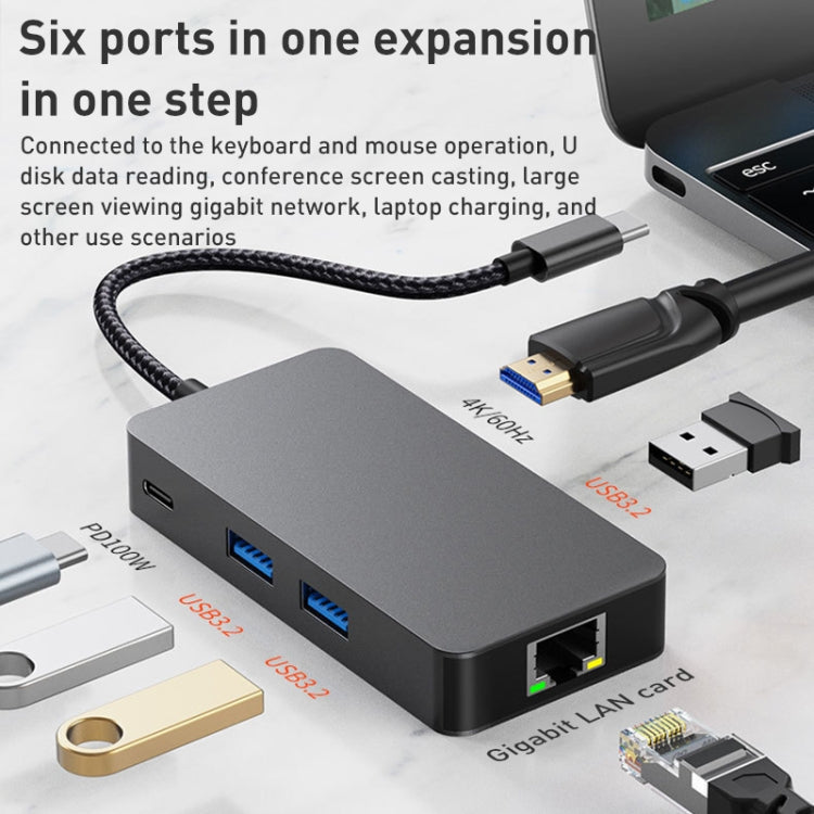 BYL-2308 6 in 1 USB-C / Type-C to USB3.2 + Gigabit Internet + HDTV HUB Adapter