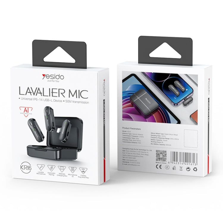 YESIDO KR16 2 in 1 Wireless Lavalier Microphone 8 Pin Receiver with Charging Box