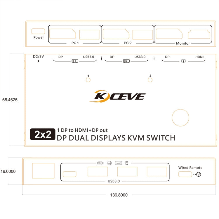 KC-KVM212DH 4K 60HZ USB3.0 DP Dual Display KVM Switcher with MST Dual Screen Extension Replication