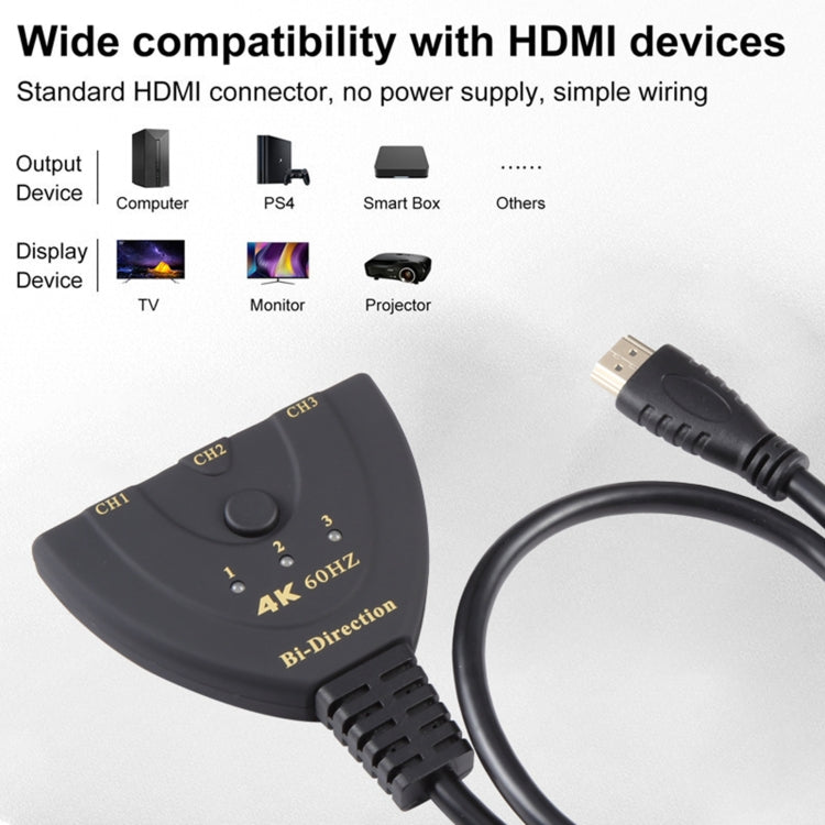 3 x 1 4K 60Hz HDMI Bi-Direction Switcher with Pigtail HDMI Cable