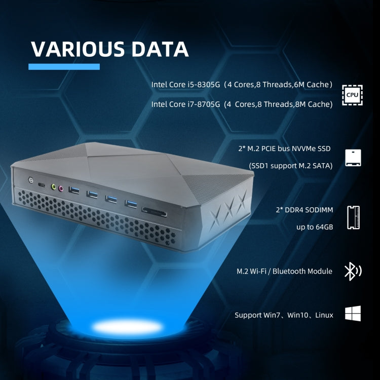 HYSTOU F9 Windows 10 / Linux System Gaming Mini PC, Intel Core i7-8705G 4 Core 8M Cache up to 4.20GHz, 32GB RAM+1TB SSD+1TB HDD, EU Plug