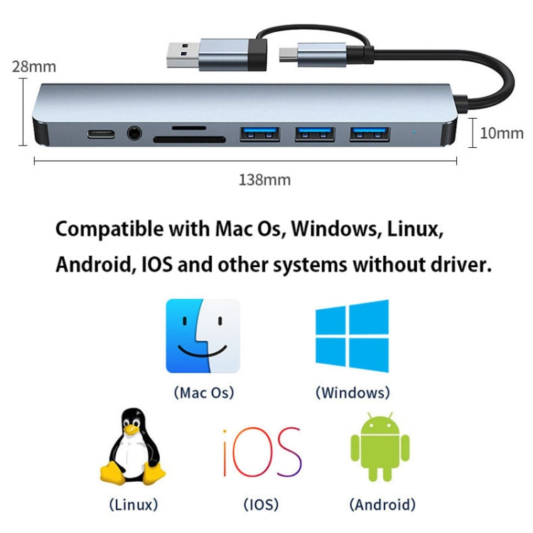 BYL-2218TU 8 in 1 USB + USB-C / Type-C to USB Multifunctional Docking Station HUB Adapter My Store