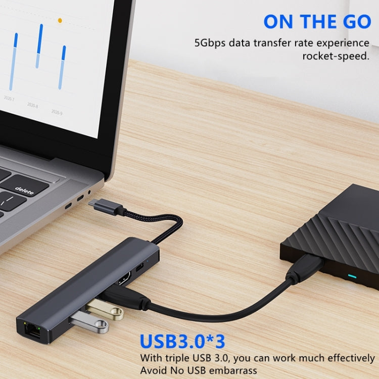 BYL-2210 6 in 1 USB-C / Type-C to USB Multifunctional Docking Station HUB Adapter with 1000M Network Port