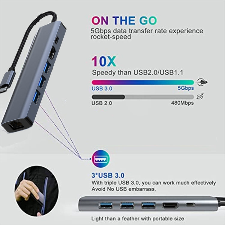 BYL-2210 6 in 1 USB-C / Type-C to USB Multifunctional Docking Station HUB Adapter with 1000M Network Port