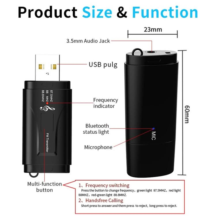 MSD128 2 in 1 USB Car Bluetooth Hands-free Call FM Transmitter with 3.5mm AUX Interface