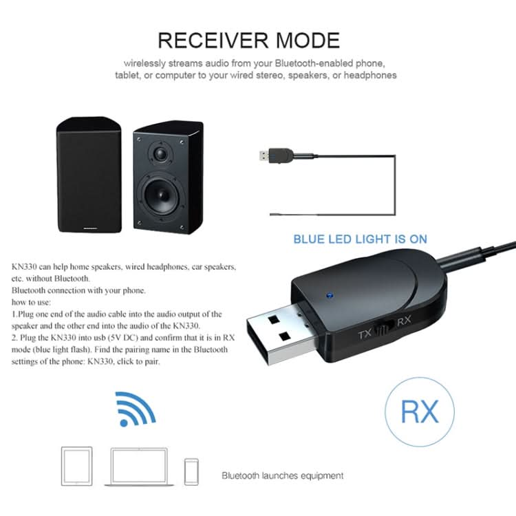 KN330 3 in 1 USB Bluetooth 5.0 Adapter Audio Transmitter Receiver with Switch Button & 3.5mm AUX Interface