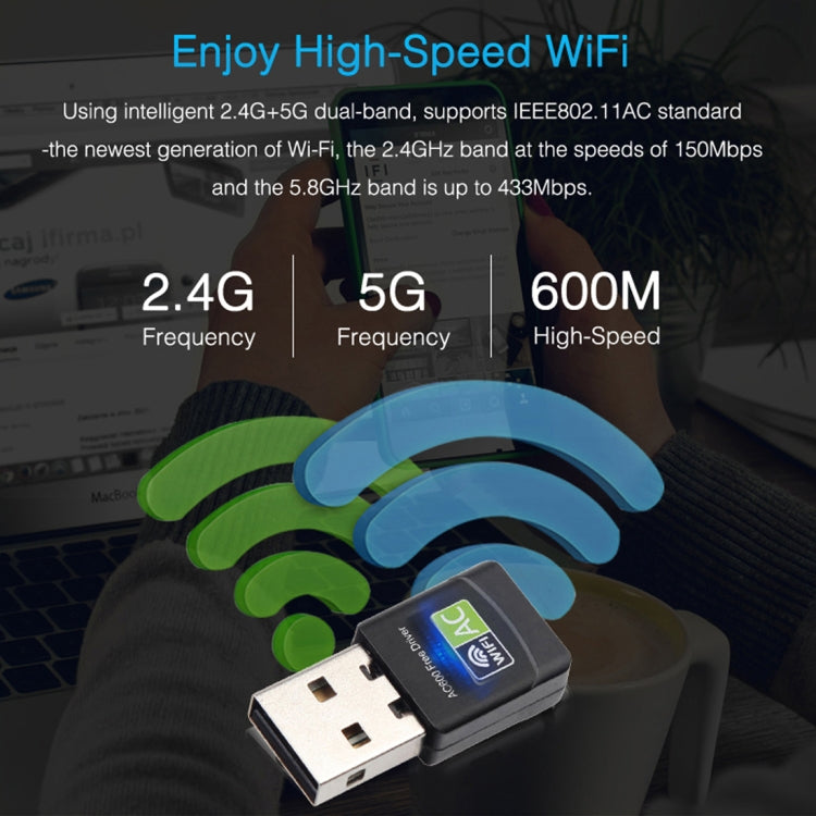 AC600Mbps 2.4GHz & 5GHz Dual Band USB 2.0 WiFi Free Drive Adapter External Network Card