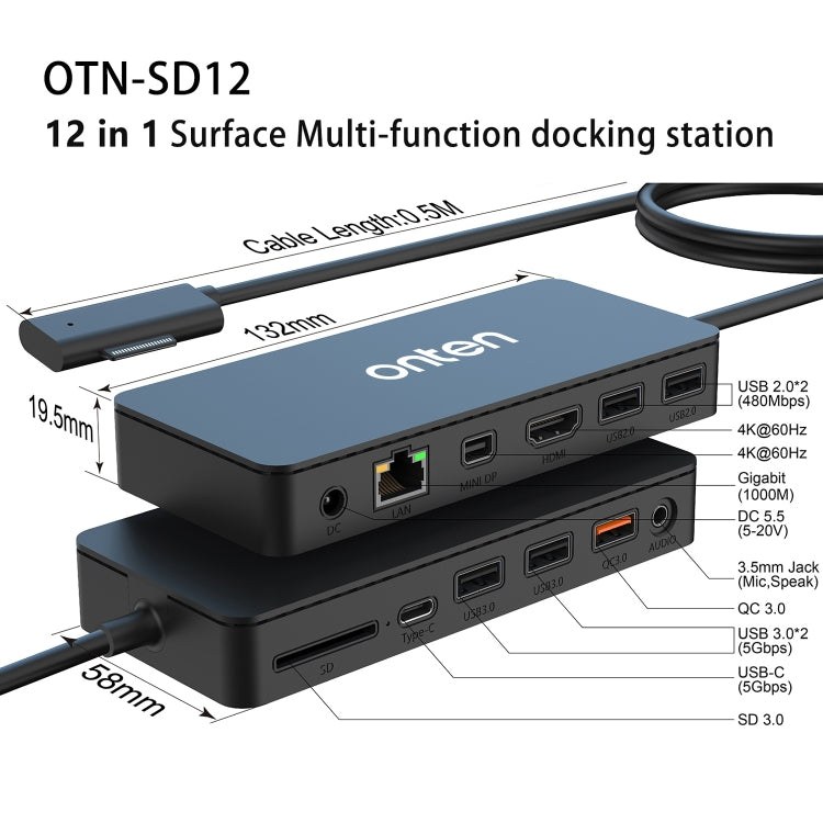 Onten SD12 For Microsoft Surface 12 in 1 Multi-function Docking Station