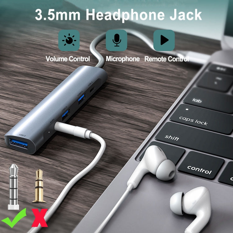 QC521 5 in 1 2xUSB2.0+USB3.0+Audio Port+PD to USB-C / Type-C HUB Adapter