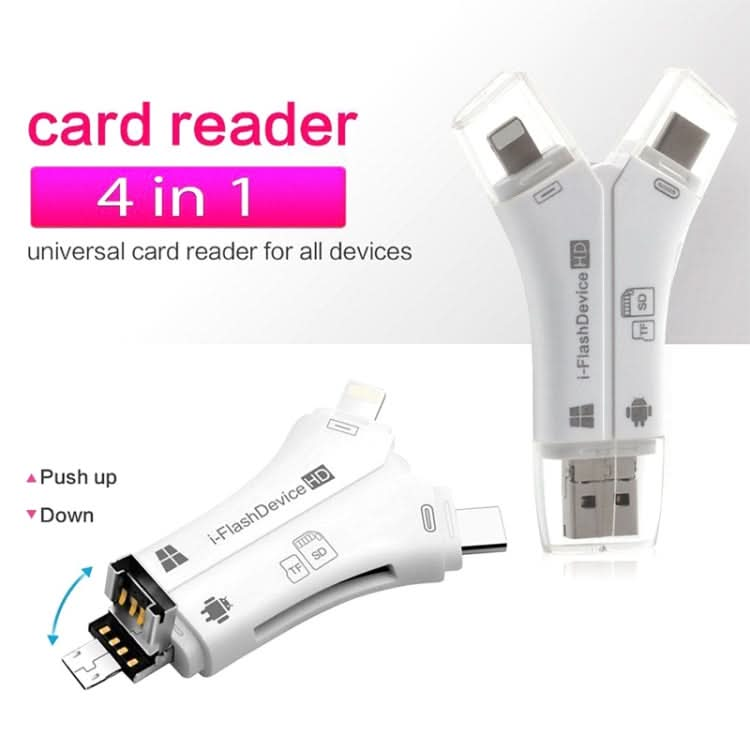 NK-908 4 in 1 i-Flash Y-shaped TF Card / SD Card Reader For 8 Pin + USB-C / Type-C + Micro USB + USB Devices