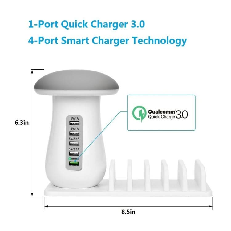 XLD888 5 Ports (2 x 5V/1A + 2 x 5V/2.1A + 1 x QC3.0) USB Charger Mushroom Light Desk Lamp Charger with Phone Holder