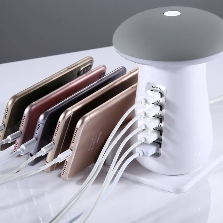 XLD888 5 Ports (2 x 5V/1A + 2 x 5V/2.1A + 1 x QC3.0) USB Charger Mushroom Light Desk Lamp Charger with Phone Holder